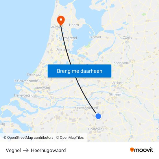 Veghel to Heerhugowaard map