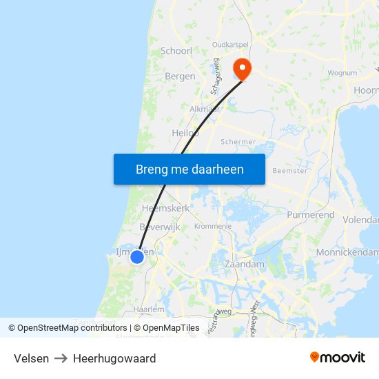 Velsen to Heerhugowaard map