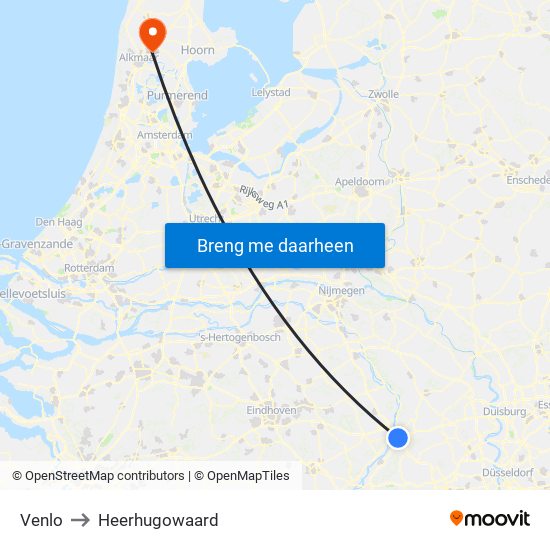 Venlo to Heerhugowaard map