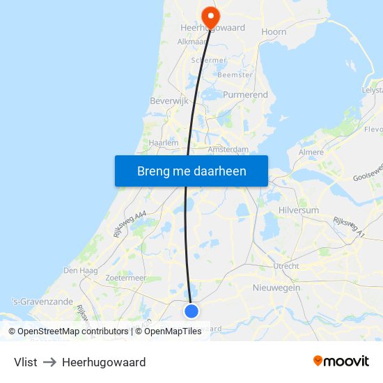 Vlist to Heerhugowaard map