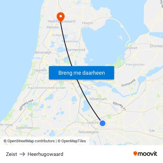 Zeist to Heerhugowaard map