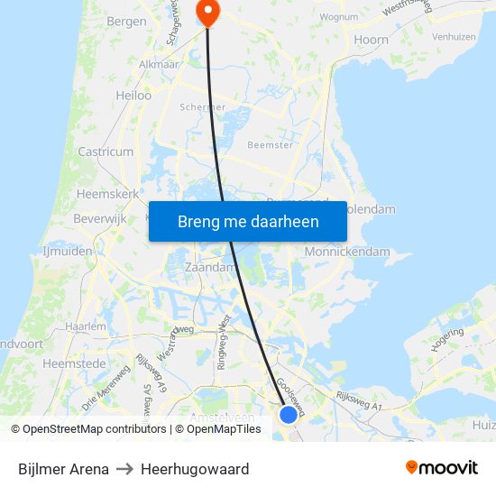 Bijlmer Arena to Heerhugowaard map