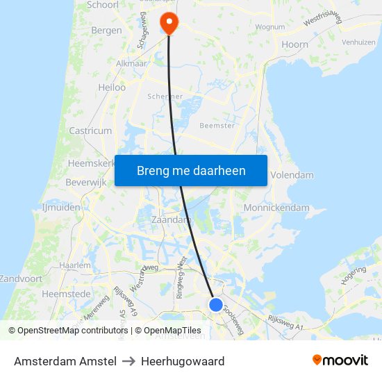 Amsterdam Amstel to Heerhugowaard map