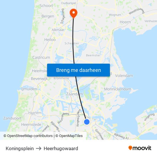 Koningsplein to Heerhugowaard map