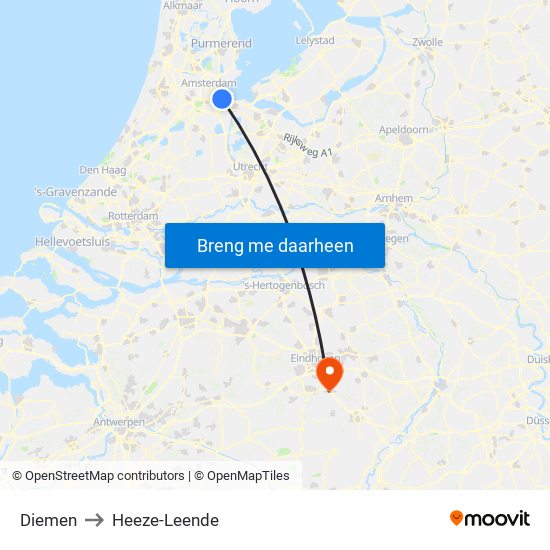 Diemen to Heeze-Leende map