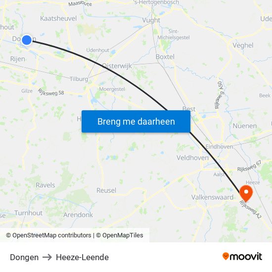 Dongen to Heeze-Leende map