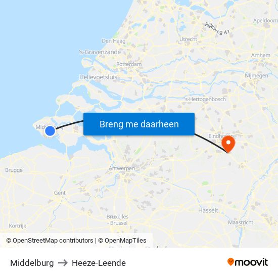 Middelburg to Heeze-Leende map