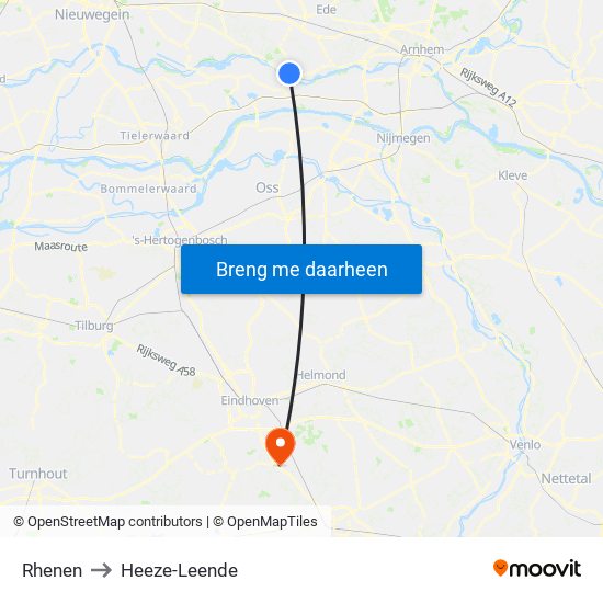 Rhenen to Heeze-Leende map