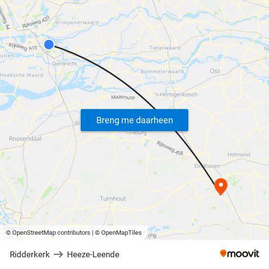 Ridderkerk to Heeze-Leende map