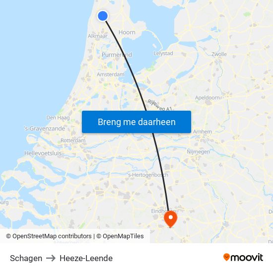 Schagen to Heeze-Leende map