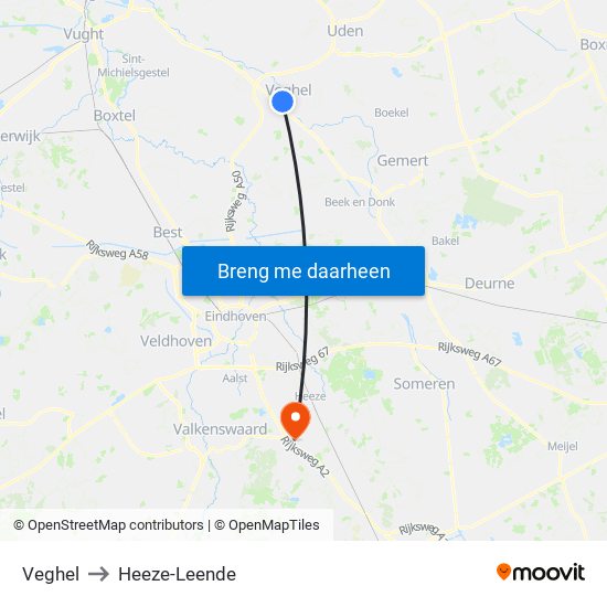 Veghel to Heeze-Leende map