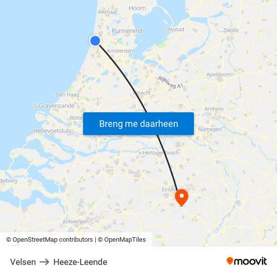 Velsen to Heeze-Leende map