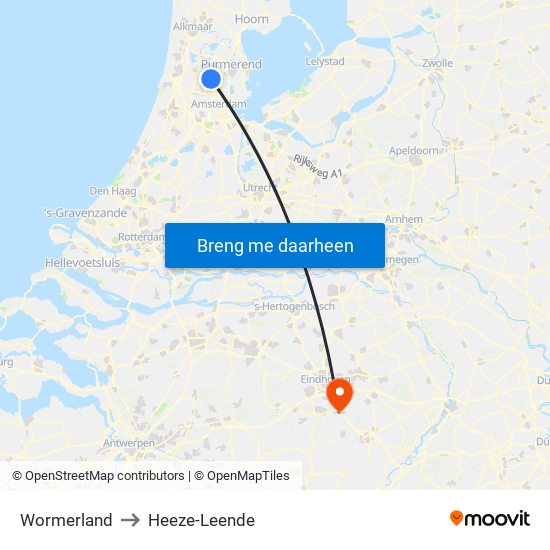 Wormerland to Heeze-Leende map
