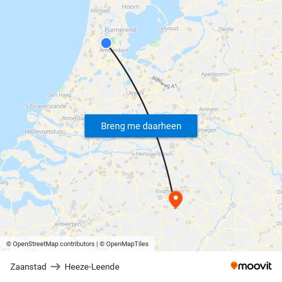 Zaanstad to Heeze-Leende map
