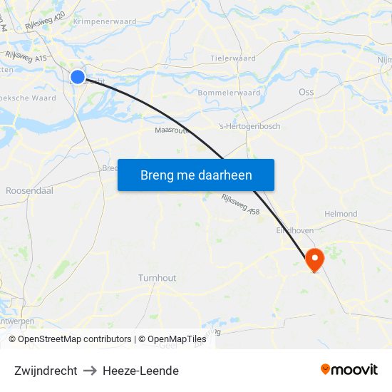 Zwijndrecht to Heeze-Leende map