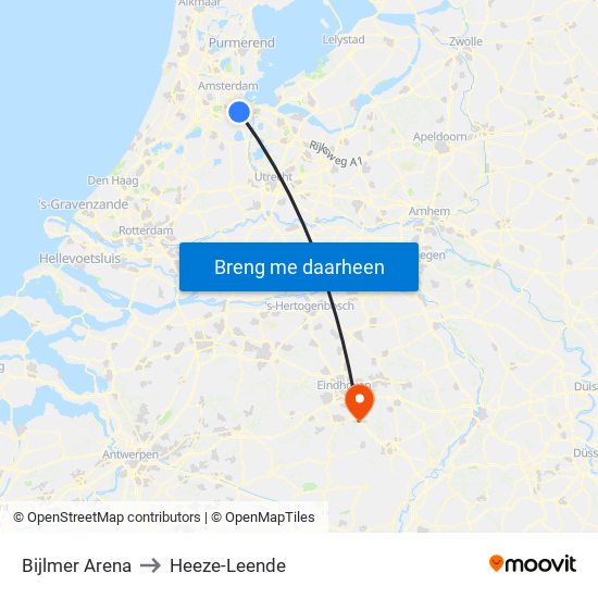Bijlmer Arena to Heeze-Leende map