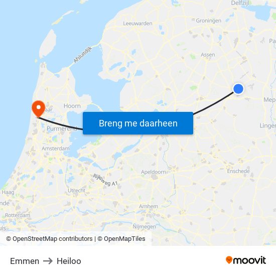 Emmen to Heiloo map
