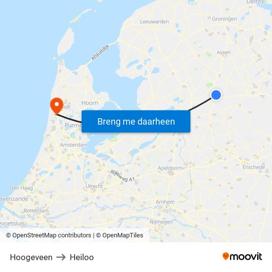 Hoogeveen to Heiloo map