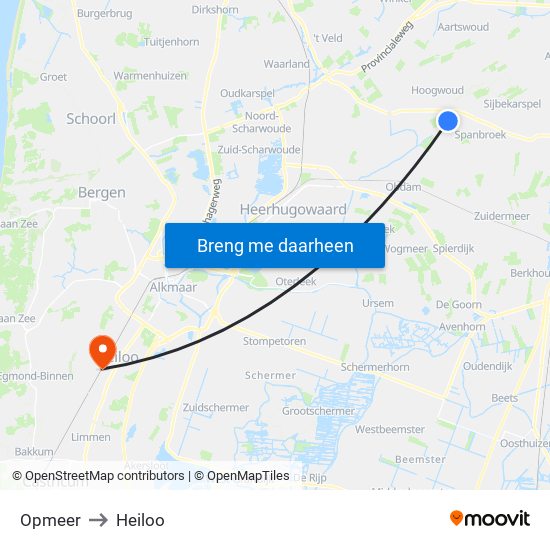 Opmeer to Heiloo map
