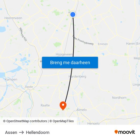 Assen to Hellendoorn map
