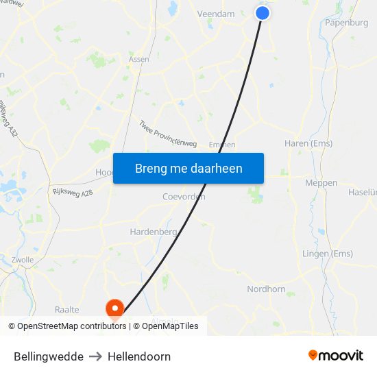 Bellingwedde to Hellendoorn map