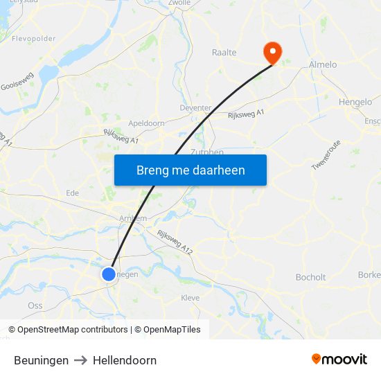 Beuningen to Hellendoorn map