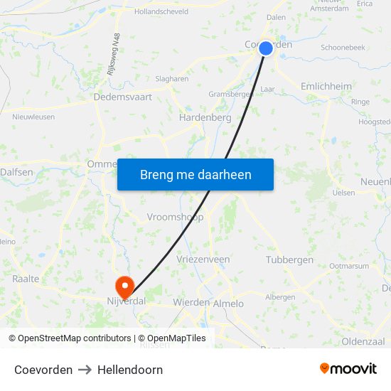 Coevorden to Hellendoorn map