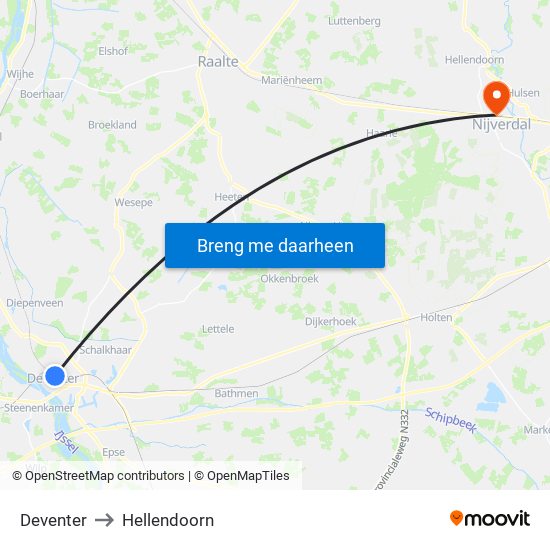 Deventer to Hellendoorn map