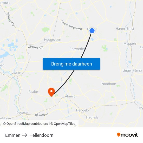 Emmen to Hellendoorn map
