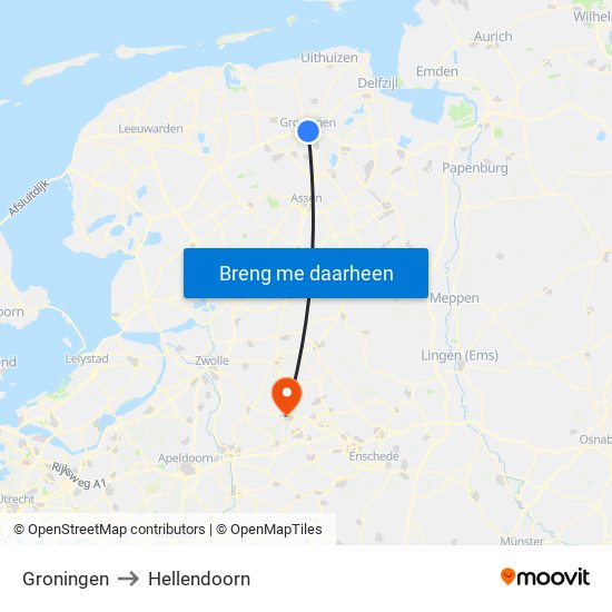 Groningen to Hellendoorn map