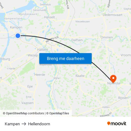 Kampen to Hellendoorn map