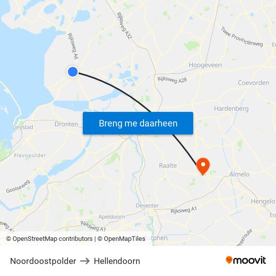 Noordoostpolder to Hellendoorn map