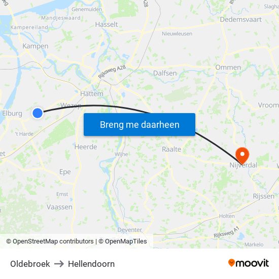Oldebroek to Hellendoorn map