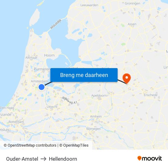 Ouder-Amstel to Hellendoorn map