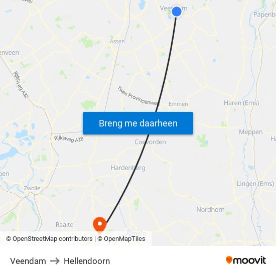 Veendam to Hellendoorn map