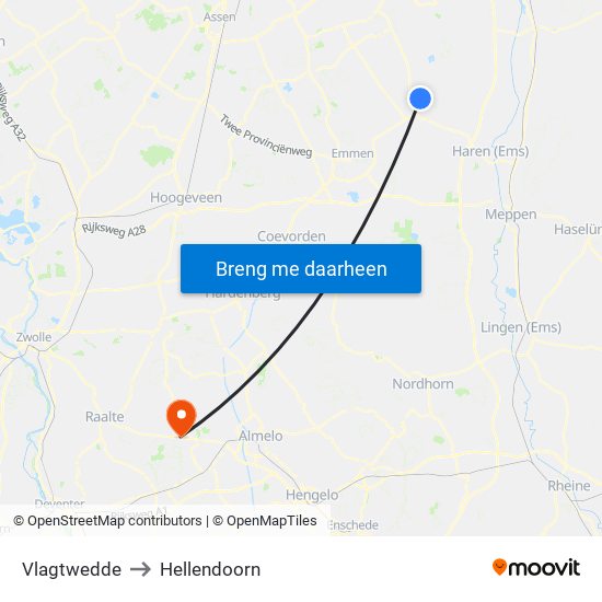 Vlagtwedde to Hellendoorn map