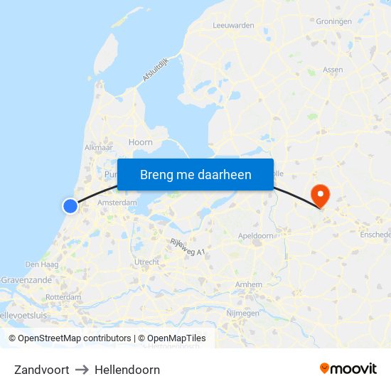 Zandvoort to Hellendoorn map