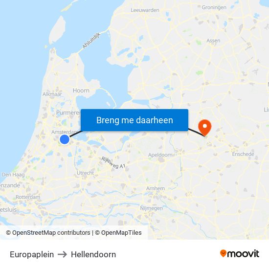 Europaplein to Hellendoorn map