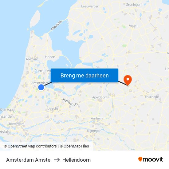 Amsterdam Amstel to Hellendoorn map