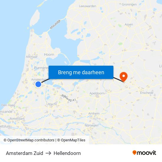 Amsterdam Zuid to Hellendoorn map