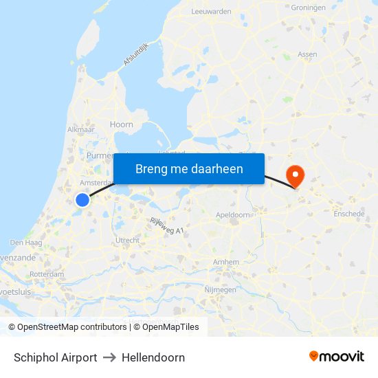 Schiphol Airport to Hellendoorn map