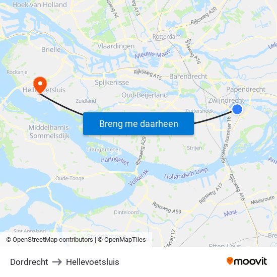 Dordrecht to Hellevoetsluis map