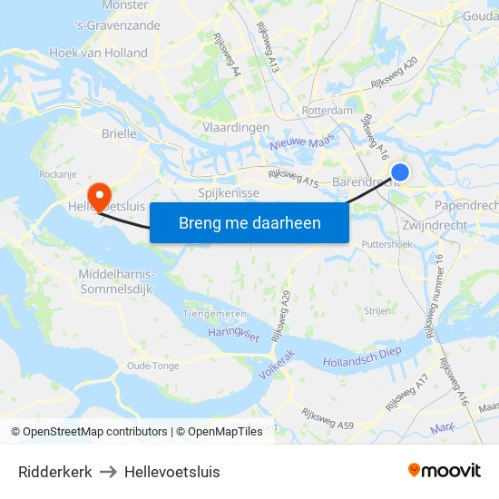 Ridderkerk to Hellevoetsluis map