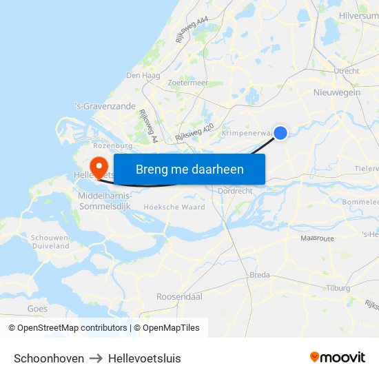 Schoonhoven to Hellevoetsluis map
