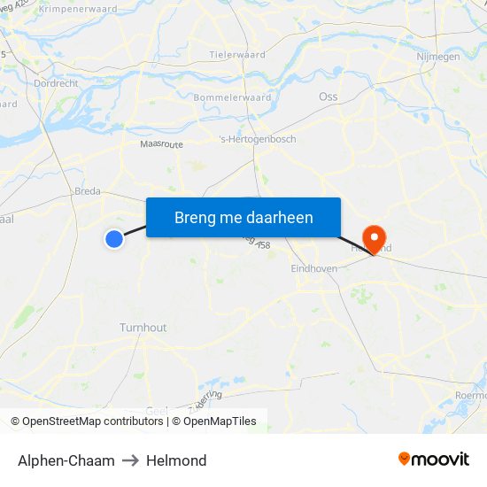 Alphen-Chaam to Helmond map