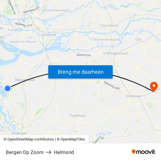 Bergen Op Zoom to Helmond map