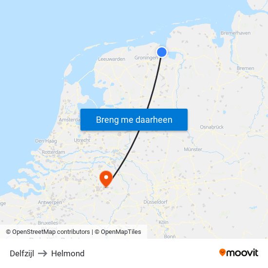 Delfzijl to Helmond map