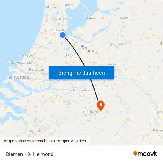 Diemen to Helmond map