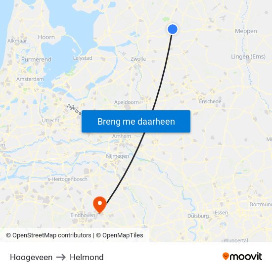 Hoogeveen to Helmond map