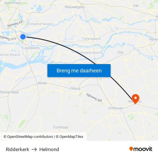 Ridderkerk to Helmond map